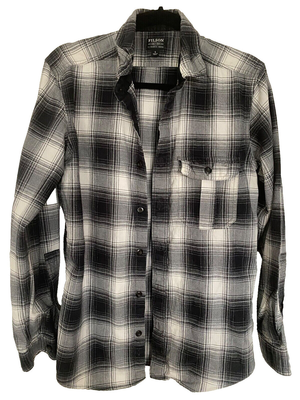 FILSON Vintage Rustic Oxford Work Shirt Black White Gray Plaid Size S